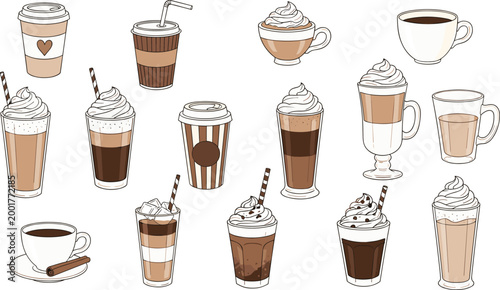 Brown Toned Hand Drawn Coffee Drinks Collection Vector Set with Cups Glasses and Whipped Cream on White Background