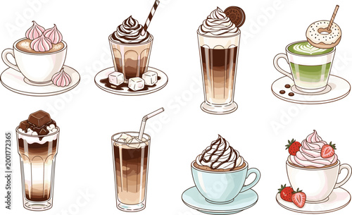 
Colorful Hand Drawn Coffee and Cream Drinks Collection Vector Set with Latte Frappe and Matcha on White Background