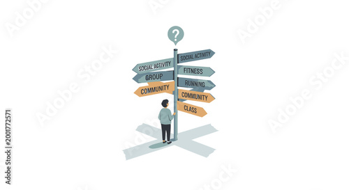 Confused businessman, directionless, decision making, crossroads, uncertainty, vector illustration