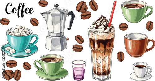 Colorful Coffee Collection Vector Set with Moka Pot Cups Frappe and Coffee Beans on White Background