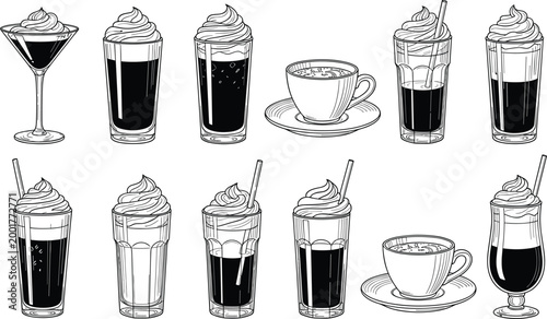 Black and White Hand Drawn Coffee and Cocktail Drinks Collection Vector Set with Glasses and Cups on White Background