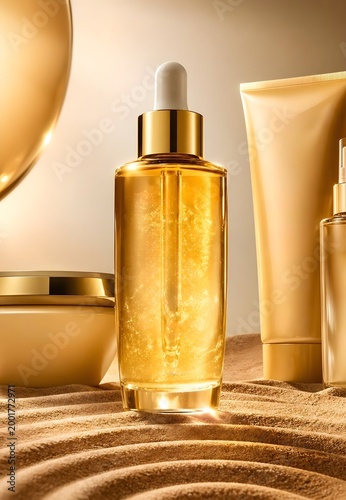 Glamorous Beauty Campaign with Golden Serum Bottle on Artistic Sand Landscape