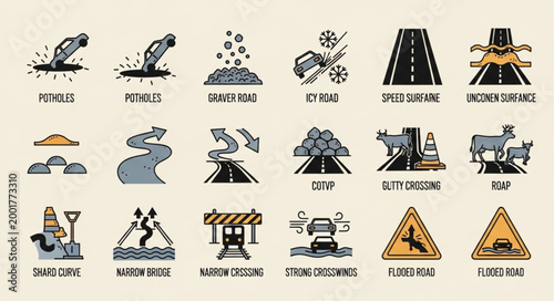 Collection of Road Hazard and Warning Signs Icons.