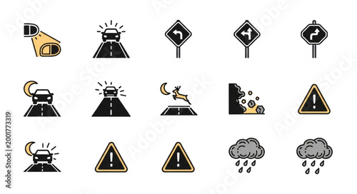 Collection of road safety and traffic warning signs icons.
