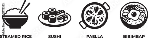 Rice dish silhouette icons with steamed rice sushi paella bibimbap for asian and european cuisine menu