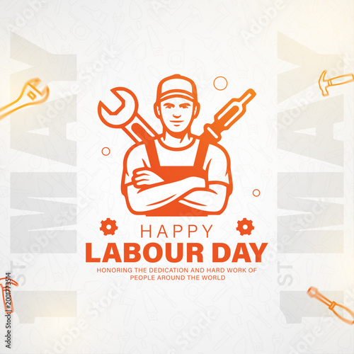 happy labour day worker illustration modern tools design, labour day poster with mechanic and tools minimal vector, professional worker labour day banner clean line art design, may day celebration har