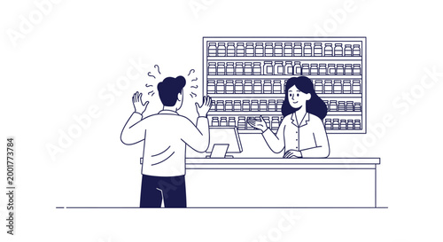 Pharmacy, drugstore, or medical store counter scene, illustration of pharmacist and customer, blue line art style
