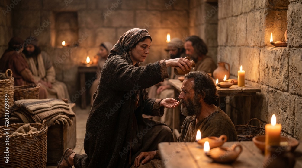 Fototapeta premium Biblical scene of a woman anointing the head of Jesus Christ with oil in a dimly lit ancient stone room in Jerusalem.