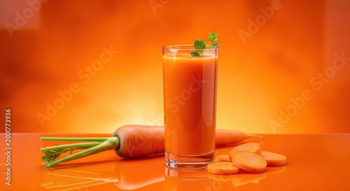 Fresh carrot juice in a glass with whole and sliced carrots