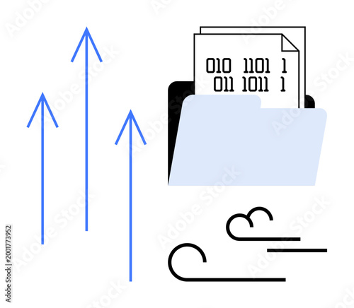 Data transfer, digital storage, file sharing, binary code, information flow, cloud computing. A folder containing binary code files with arrows and wind symbols. Data transfer and digital storage
