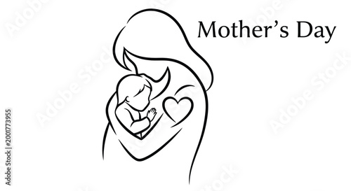 mother holding baby with heart line drawing on white background with mother's day text