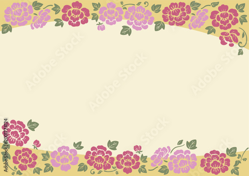 牡丹の和柄フレーム背景ベクター（A判横）｜着物柄風フラットデザイン Japanese Peony Kimono Pattern Frame Background Horizontal