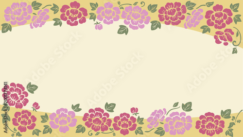 牡丹の和柄フレーム背景ベクター（16:9）｜着物柄風フラットデザイン Japanese Peony Kimono Pattern Background 16:9 Banner