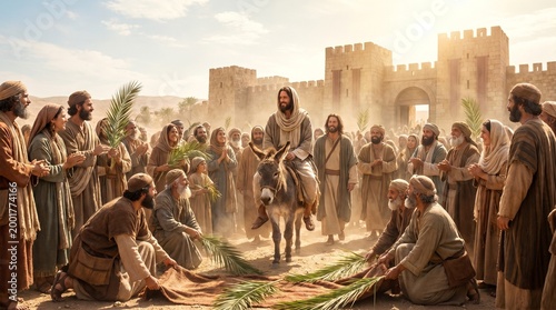 Smiling Jesus Christ riding a donkey during the triumphal entry into ancient Jerusalem with people laying clothes and palm branches, Biblical scene of Palm Sunday.