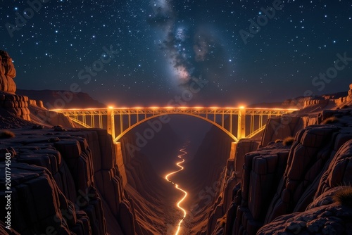 A bridge made entirely of woven light beams crossing a canyon of deep, starry void.