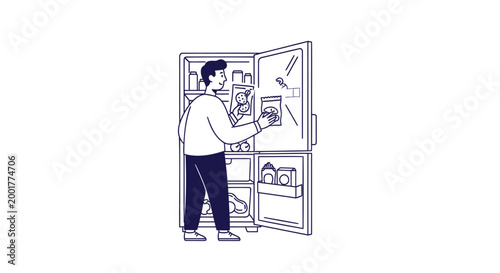Man opening fridge, refrigerator interior, kitchen illustration, food storage