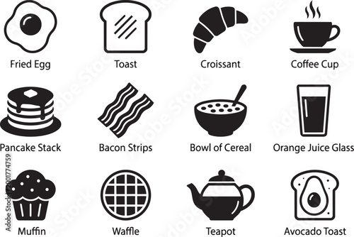 Breakfast food silhouette icons with fried egg toast croissant coffee pancake bacon cereal orange juice muffin waffle teapot avocado toast for morning menu