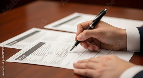 Hand signing a document with a pen on a wooden desk, close-up view