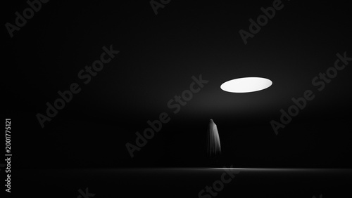 Hooded Ghost Floating Phantom Spirit Apparition in Dark Empty Room with Dramatic Circular Overhead Light Eerie Minimalist Atmosphere 3D Illustration