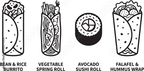 Plant based wrap icons with bean rice burrito spring roll avocado sushi falafel hummus wrap for vegan menu