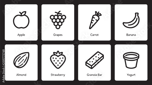Healthy snack flashcards with apple grapes carrot banana almond strawberry granola bar yogurt for kids nutrition education