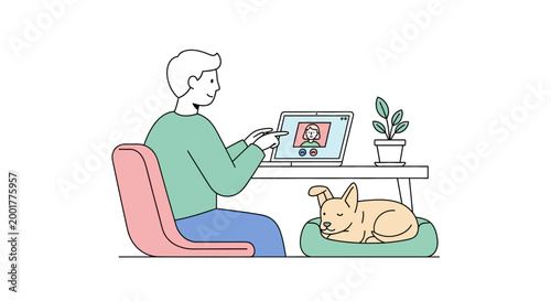 Man sitting with dog at desk.