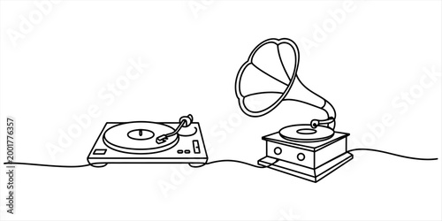 Continuous single line drawing of a modern dj turntable and a vintage gramophone record player Vector, illustration