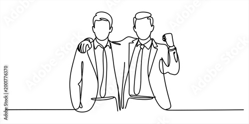 Continuous single line drawing of two happy businessmen standing together and celebrating success with arms around shoulders Vector, illustration