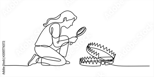 Woman looking at a dangerous metal trap with a magnifying glass in a continuous line drawing style Vector, illustration