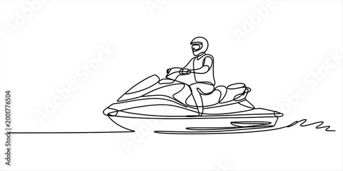 Continuous single line drawing of a man riding a jet ski on the water with a helmet Vector, illustration
