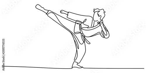 Continuous single line drawing of a man doing a karate kick in a martial arts uniform Vector, illustration