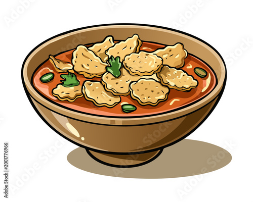 Schilderij op canvas Bowl of hearty meatball soup with spicy red broth for authentic and delicious tr