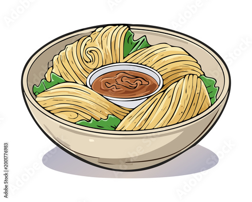 Photos Bowl of traditional egg noodles with meat and savory sauce for delicious and hea