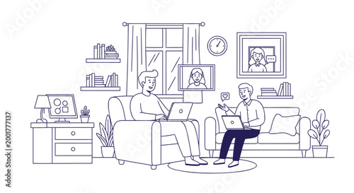 Minimalist line art illustration, people working remotely, home office, living room scene, vector graphics