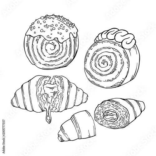 Sweet croissants set line art filled and supreme croissants outline isolated on white