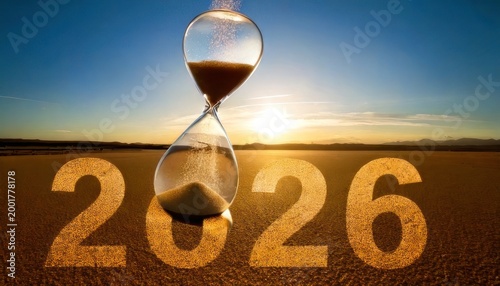 Anticipating 2026 - Hourglass Symbolizing Time Passing with a Desert Backdrop.