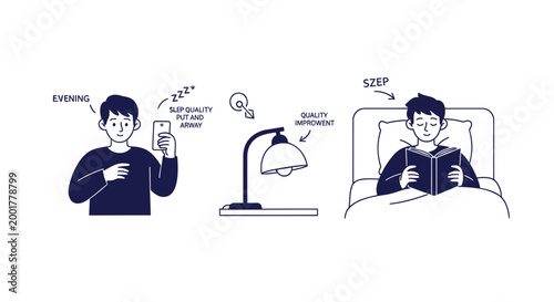 Sleep, bedtime, evening routine, reading, relaxation vector illustrations