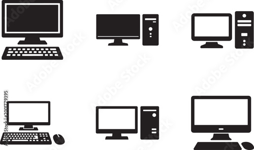 PC computer icon set with modern desktop symbols for web, app, UI, logo, and digital design use.
