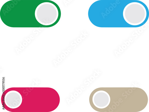 Realistic on off toggle switch buttons with modern slider UI elements isolated on white background.