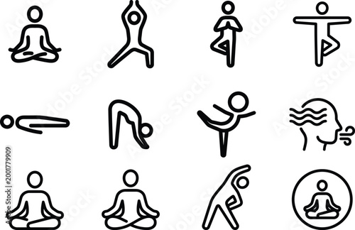 Yoga and meditation icons set with fitness poses breathing relaxation symbols outline vector collection isolated on light background
