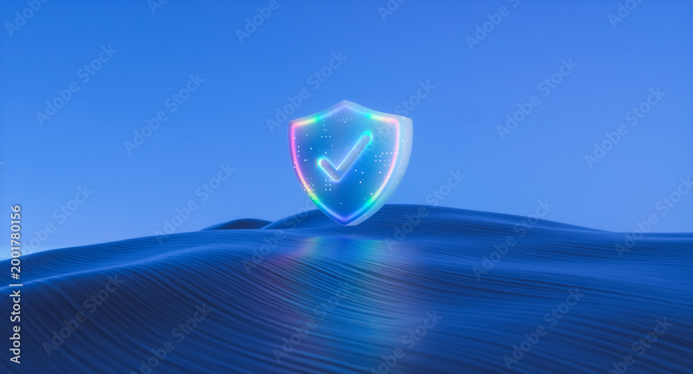 Fotografia Artificial intelligence glowing shield over digital ocean waves, Cybersecurity and Data protection concept