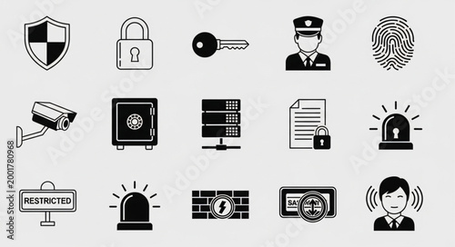 Collection of Security and Protection Icons Representing Safety and Surveillance.