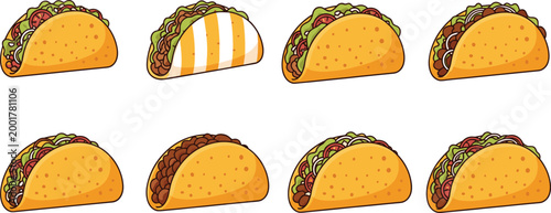 Set of golden crispy mexican taco shells with various meat vegetable and cheese fillings in different views isolated on white background cartoon vector illustration