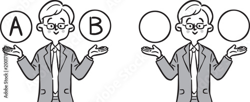 AとBの選択肢　ビジネスマン2　上半身　ベクター（モノクロ）
