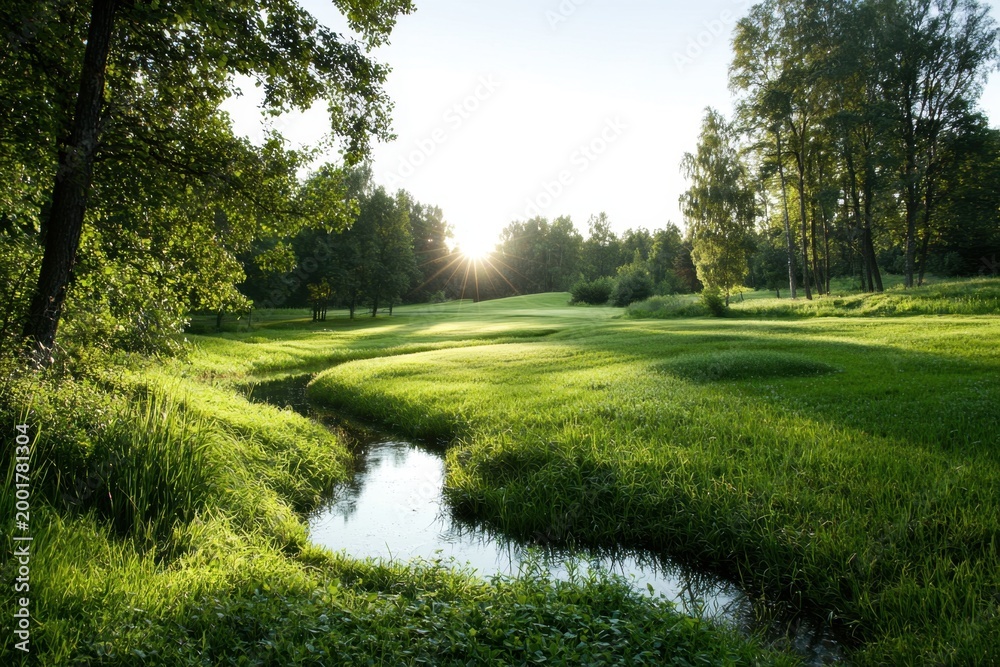 Fototapeta premium Green meadow winding stream soft light sunlit landscape lush grass green field tree line summer park