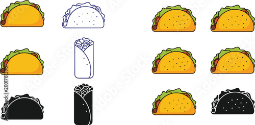 Set of mexican tacos and burrito wrap icons in colored outline and black silhouette styles isolated on white background flat style vector illustration