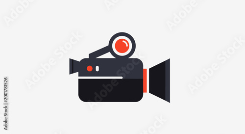 Minimalist flat vector icon of a video camera with a magnifying glass.
