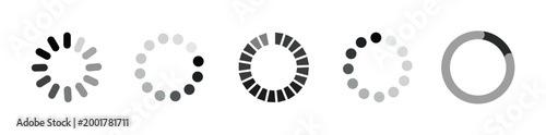 Loading icon set – black and white circular progress & loader bar icons isolated on white background (EPS10)