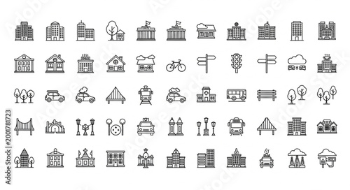 Collection of various building icons in a grid pattern.