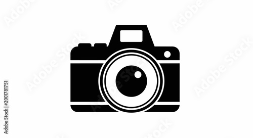 Black and white silhouette of a professional digital SLR camera icon isolated on white background.